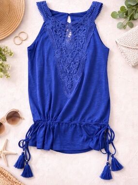 White House Black Market Crochet Top Women's Small Blue Gathered Boho Side Ties
